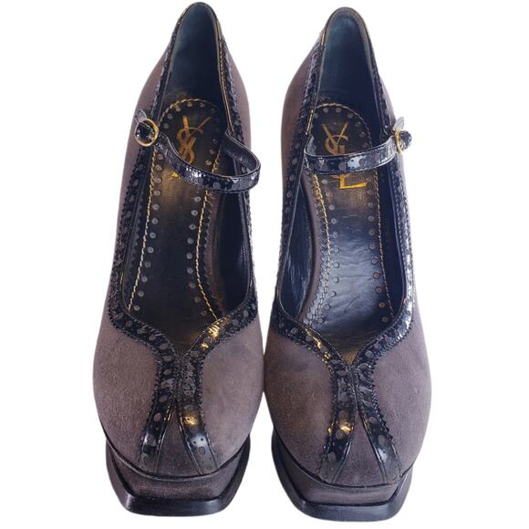 YVES SAINT LAURENT TRIBUTE MARY JANE PLATFORM PUMPS IN GRAY PATENT TRIM SIZE 8.5 - Picture 3 of 11